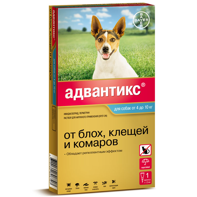  Адвантикс капли для собак от блох и клещей вес от 4 до 10 кг цена за 1 пипетку для питомцев

