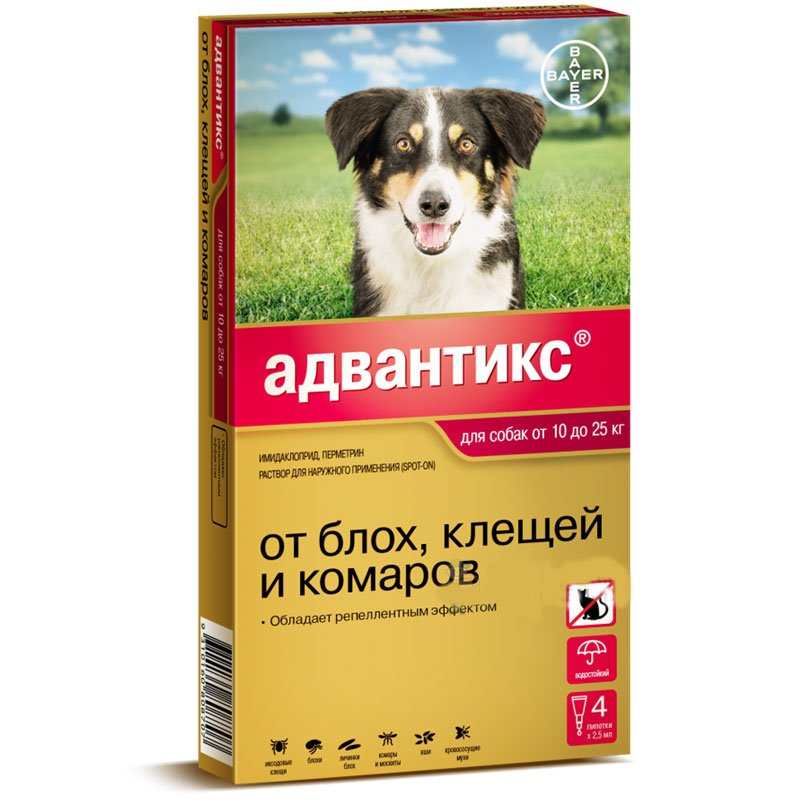  Адвантикс капли для собак от блох и клещей вес от 10 до 25 кг цена за 1 пипетку для питомцев
